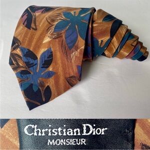 Vintage DIOR MONSIEUR Tan Abstracted Floral Classic Silk Tie